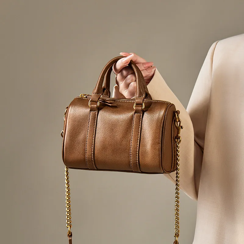 Bullrun Cow Leather Boston Bag Handbag Women's Vegetable Tanned Brown-2