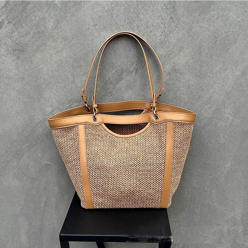 Bullrun Raffia With Microfiber Tote Bag, Shoulder Bag Women's Apricot/Black-1