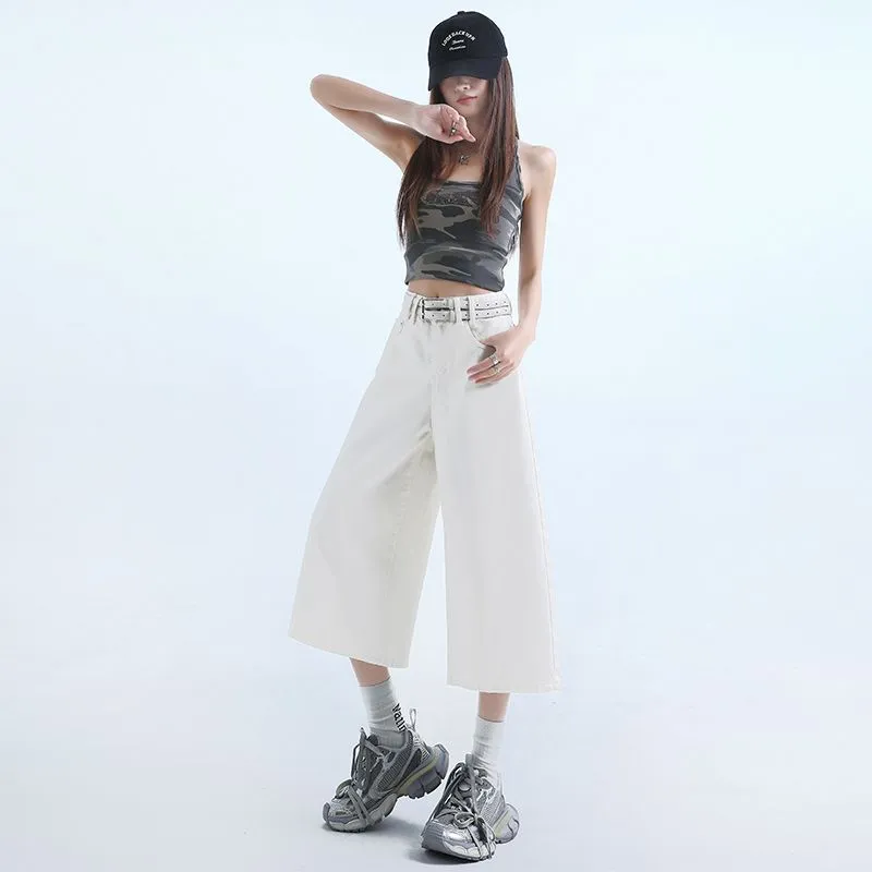 Flowers In Water Jeans Women's Ecru Calf Length-4