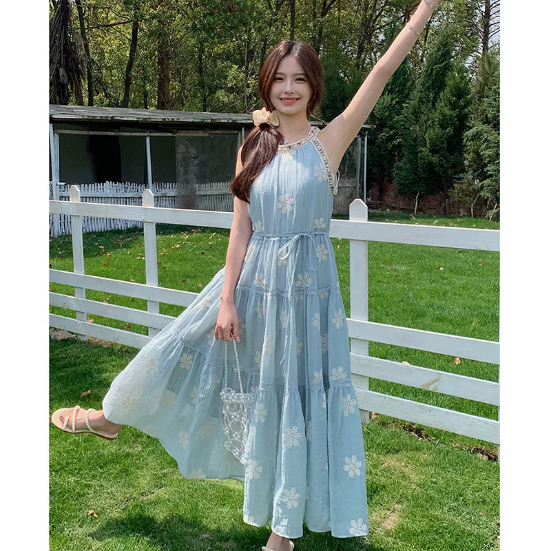 Flowers In Water Sleeveless Dress Women's Blue-1