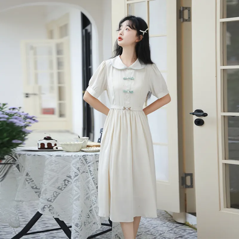 Flowers In Water Short Sleeved Dress Women's White-2