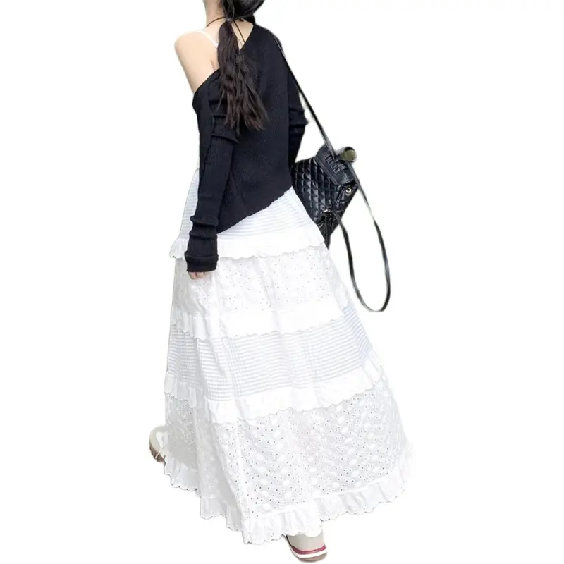 Flowers In Water Casual Long Skirt Women's White-1