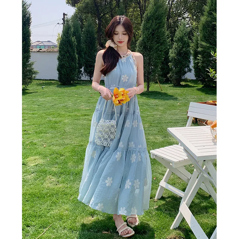 Flowers In Water Sleeveless Dress Women's Blue-3