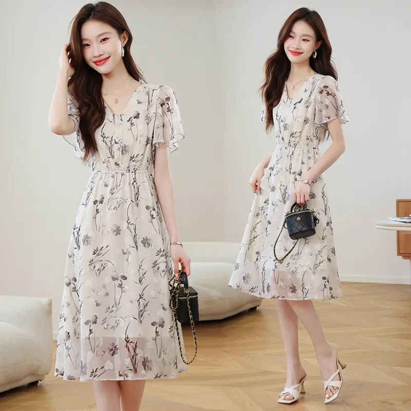 Flowers In Water Short Sleeved Dress Women's-3