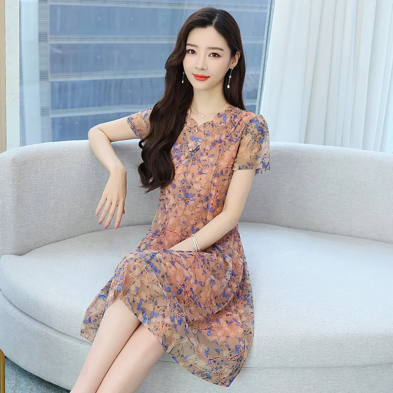 Flowers In Water Short Sleeved Dress Women's-4