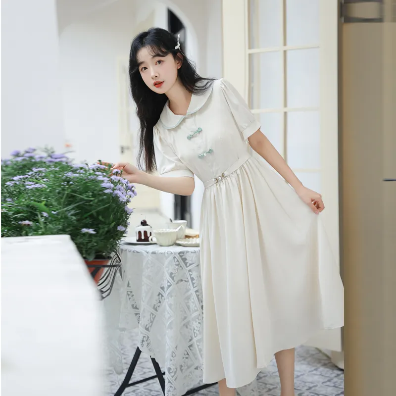 Flowers In Water Short Sleeved Dress Women's White-4