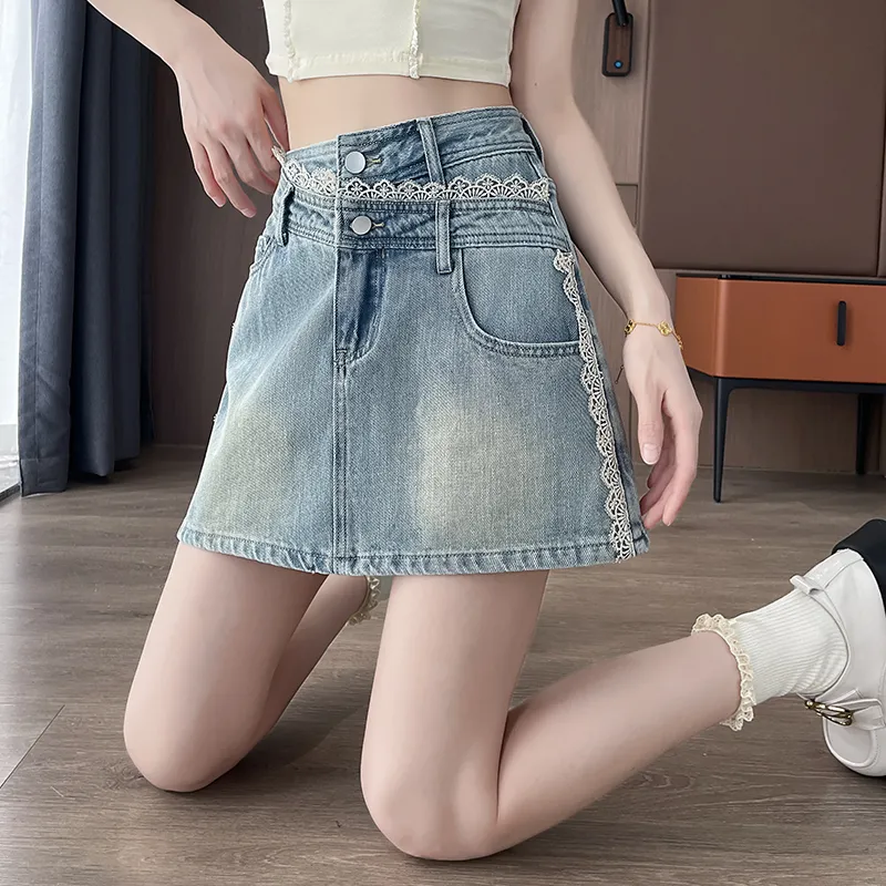 Flowers In Water Denim Short Skirts Women's Light Blue-2