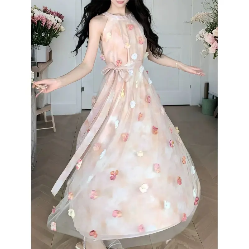 Flowers In Water Sleeveless Dress Women's Pink-1