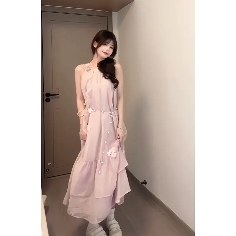 Flowers In Water Sleeveless Dress Women's Pink Purple-1
