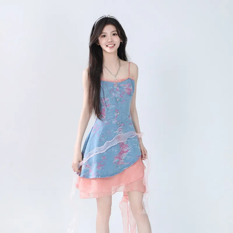 Flowers In Water Slip Dress Women's Blue Pink-1