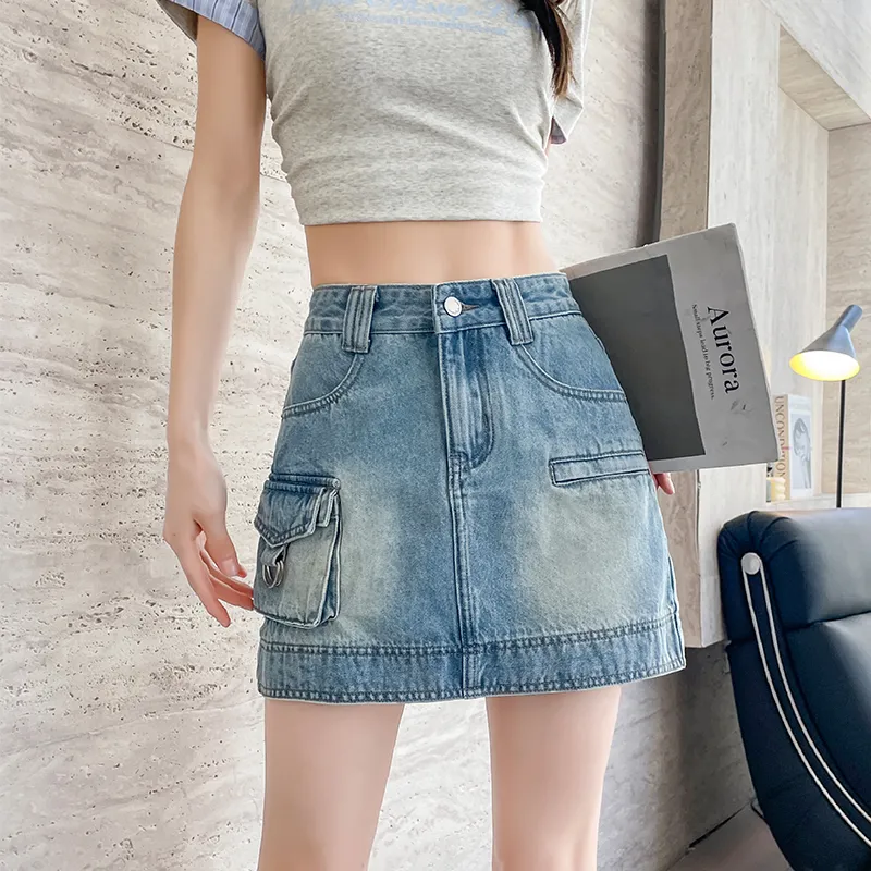 Flowers In Water Denim Short Skirts Women's Blue-3