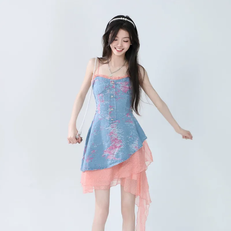 Flowers In Water Slip Dress Women's Blue Pink-4