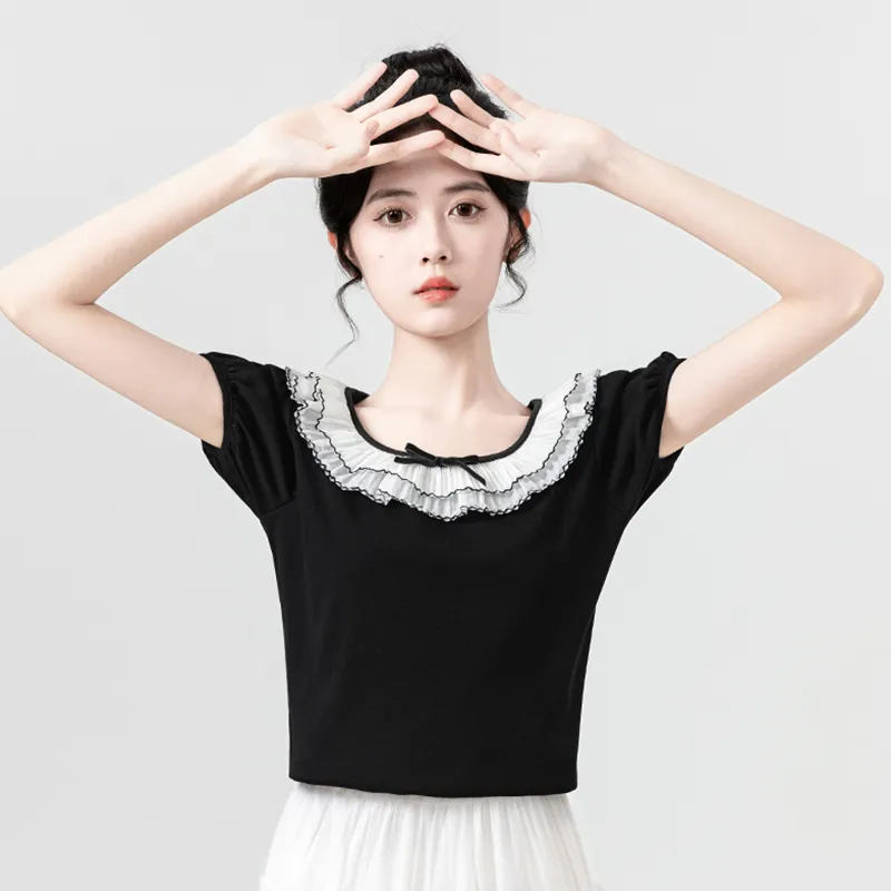 Flowers In Water Puff Sleeve T Shirt Women's Black-4