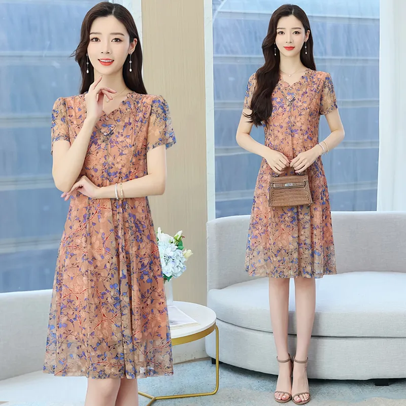 Flowers In Water Short Sleeved Dress Women's-2
