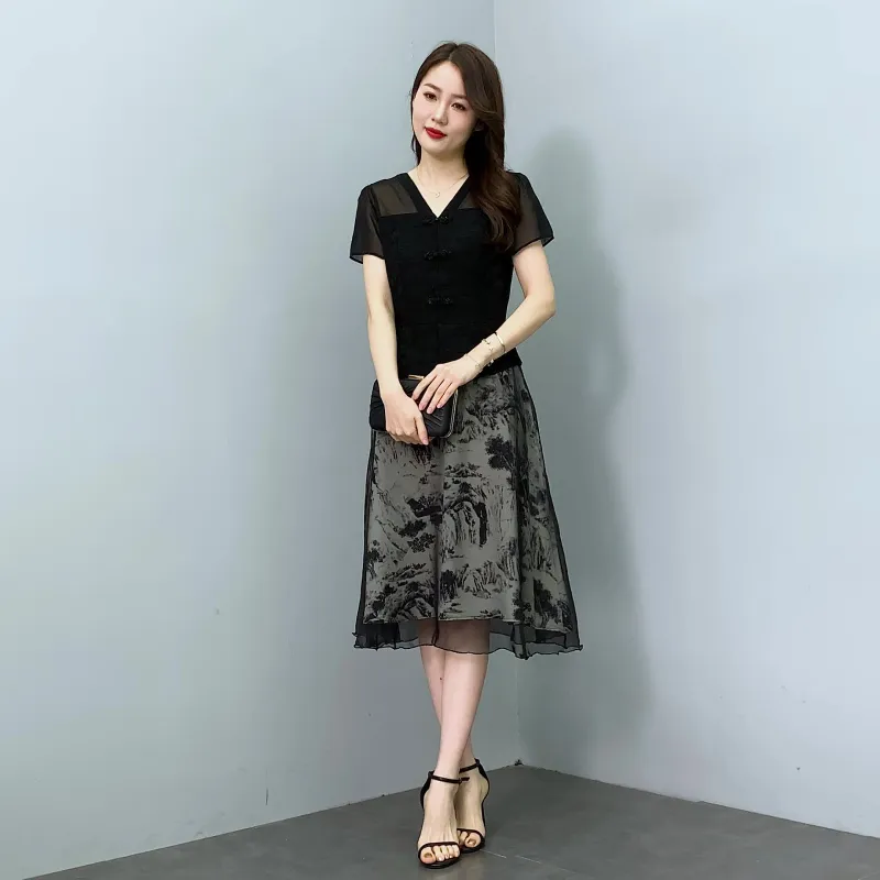Flowers In Water Short Sleeved Dress Women's-5