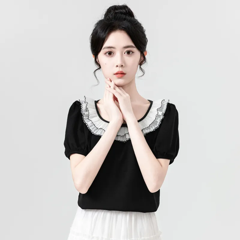 Flowers In Water Puff Sleeve T Shirt Women's Black-3