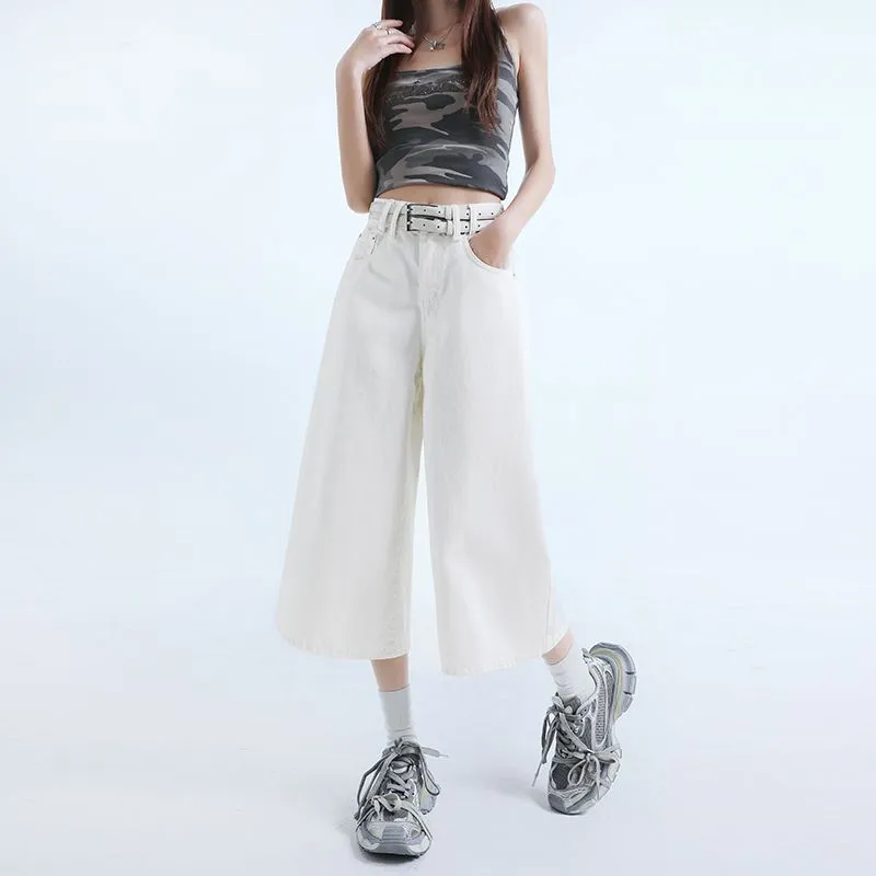 Flowers In Water Jeans Women's Ecru Calf Length-3