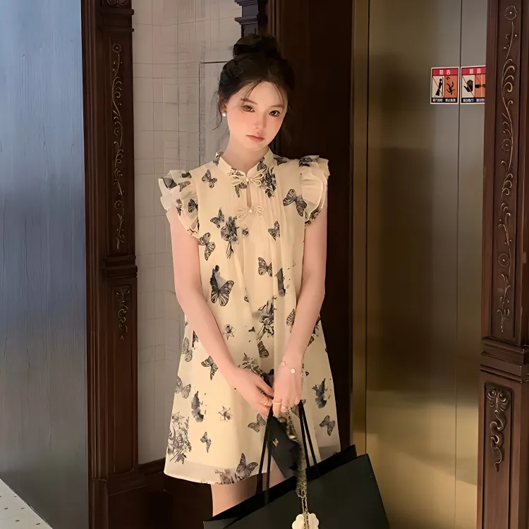Flowers In Water Short Sleeved Dress Women's White-3