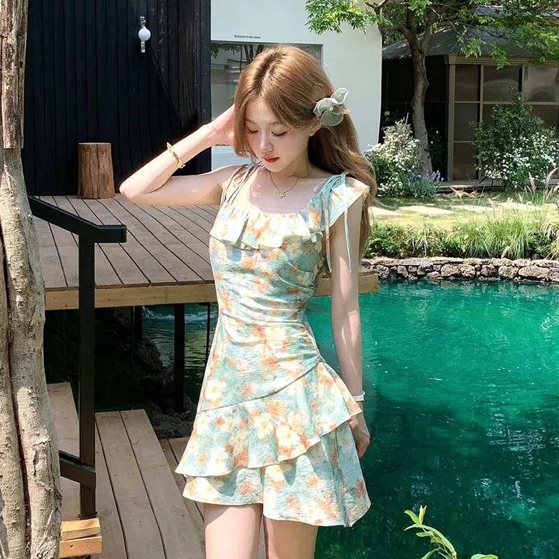 Flowers In Water Slip Dress Women's Oil Paintings Green-2