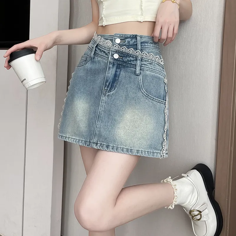 Flowers In Water Denim Short Skirts Women's Light Blue-1