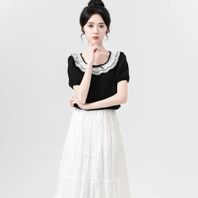 Flowers In Water Puff Sleeve T Shirt Women's Black-1