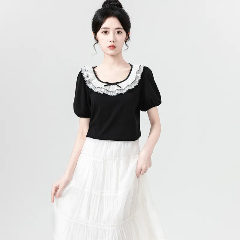 Flowers In Water Puff Sleeve T Shirt Women's Black-2