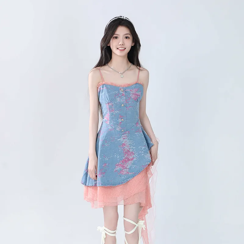 Flowers In Water Slip Dress Women's Blue Pink-5