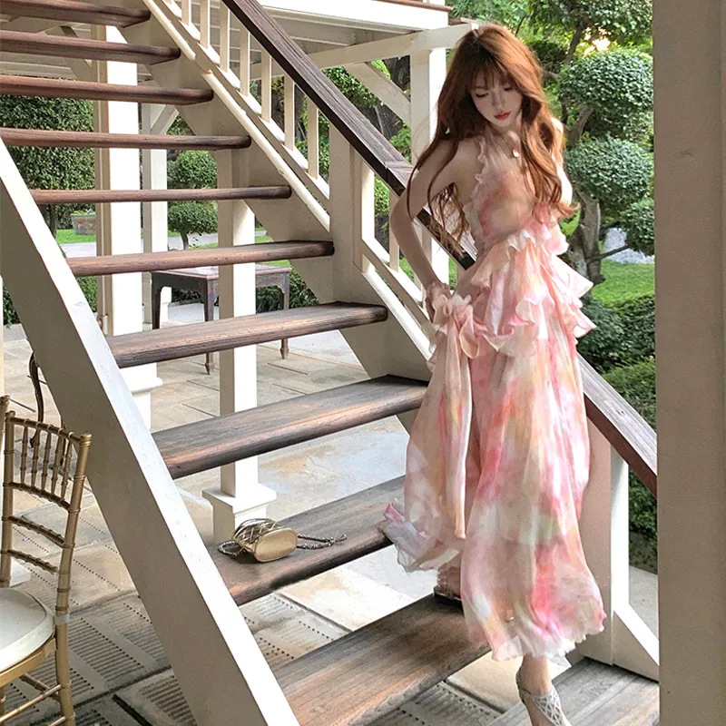 Flowers In Water Slip Dress Women's Oil Painting Fairy-4