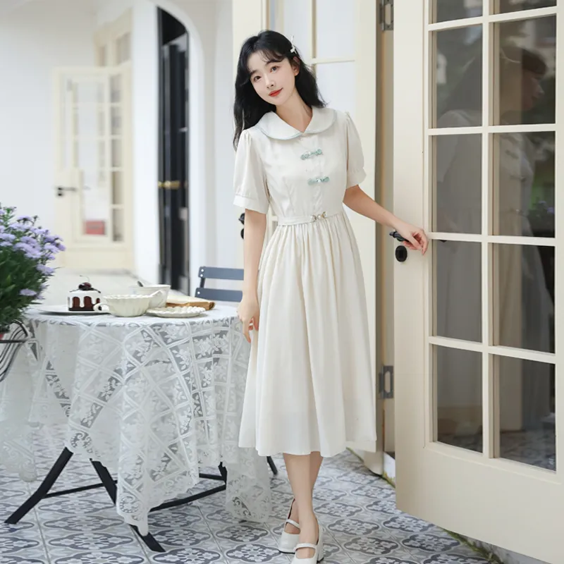Flowers In Water Short Sleeved Dress Women's White-1