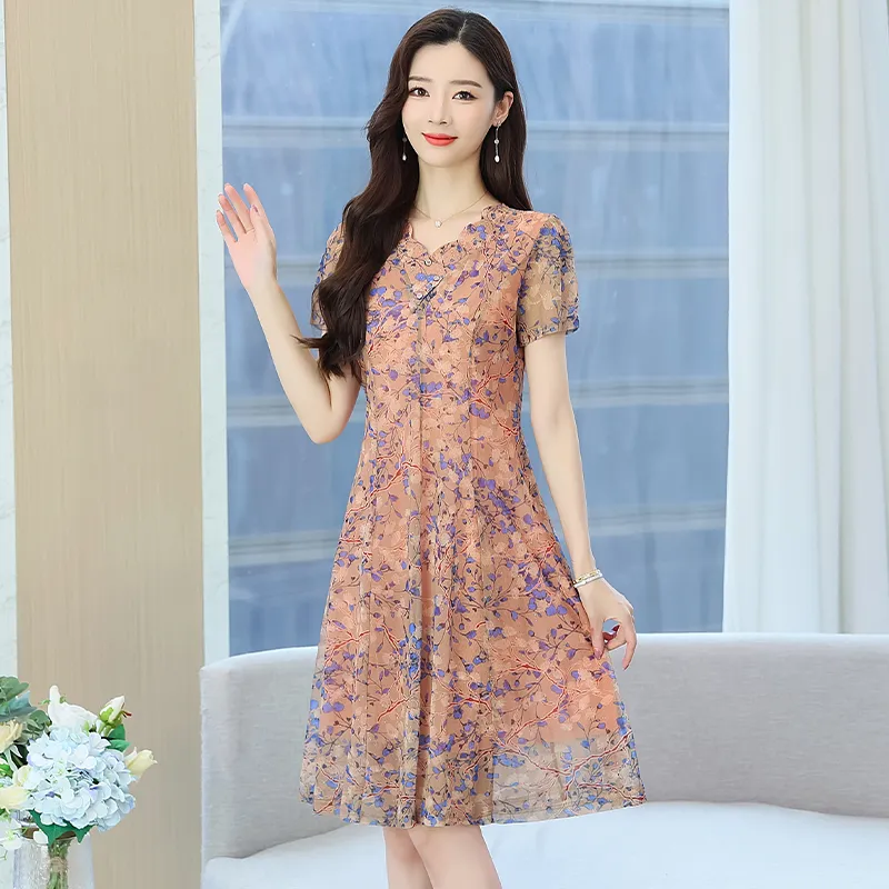 Flowers In Water Short Sleeved Dress Women's-5