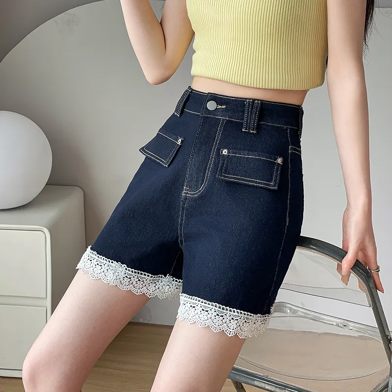 Flowers In Water Denim Shorts Women's Dark Blue-2