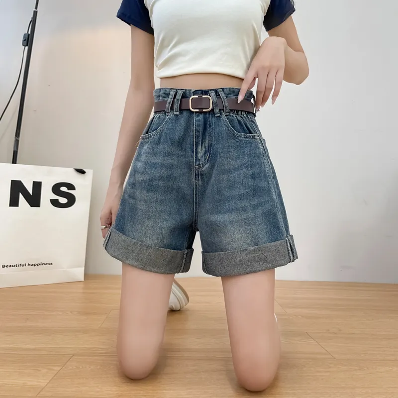 Flowers In Water Denim Shorts Women's Vintage Blue-2