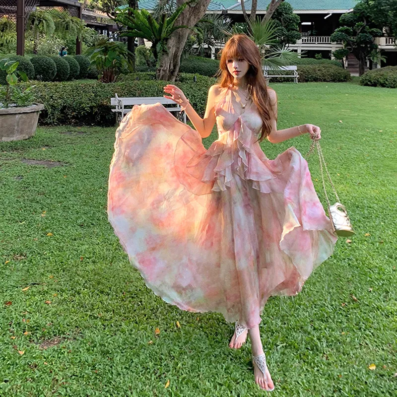 Flowers In Water Slip Dress Women's Oil Painting Fairy-2