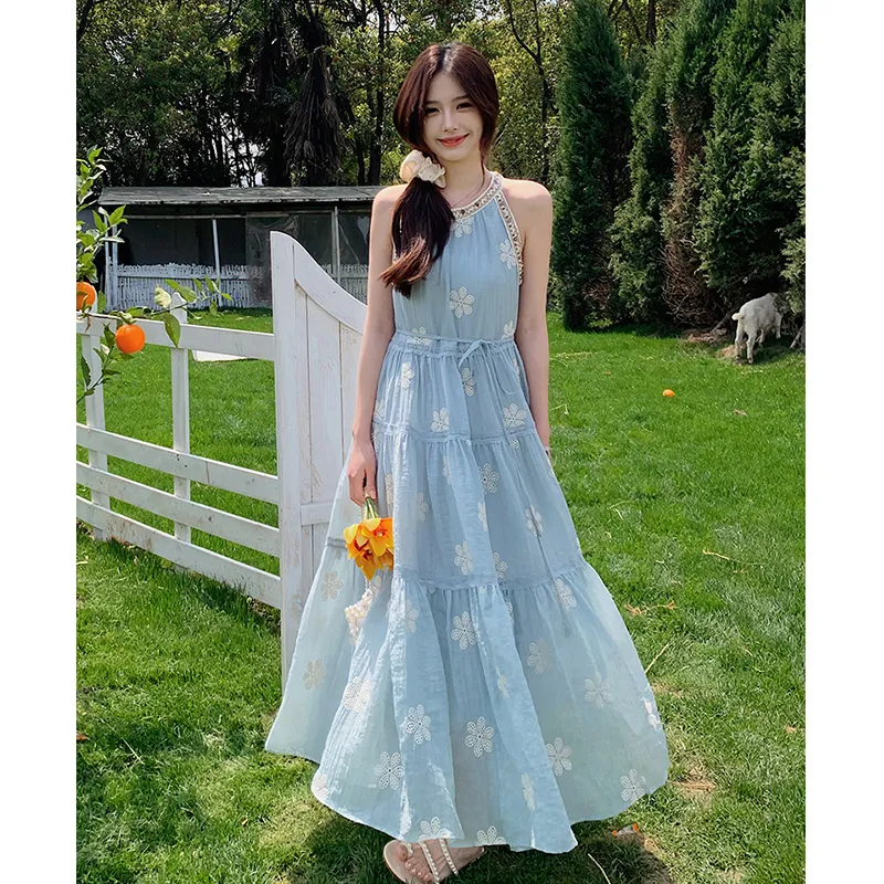 Flowers In Water Sleeveless Dress Women's Blue-2