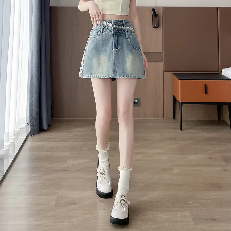 Flowers In Water Denim Short Skirts Women's Light Blue-3