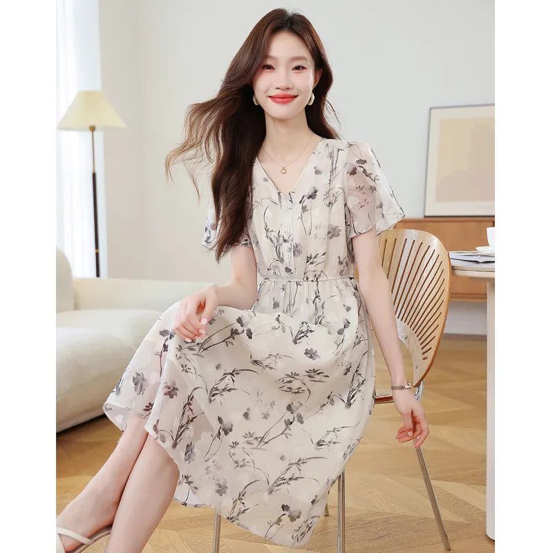 Flowers In Water Short Sleeved Dress Women's-5