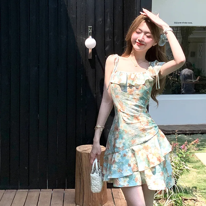 Flowers In Water Slip Dress Women's Oil Paintings Green-1