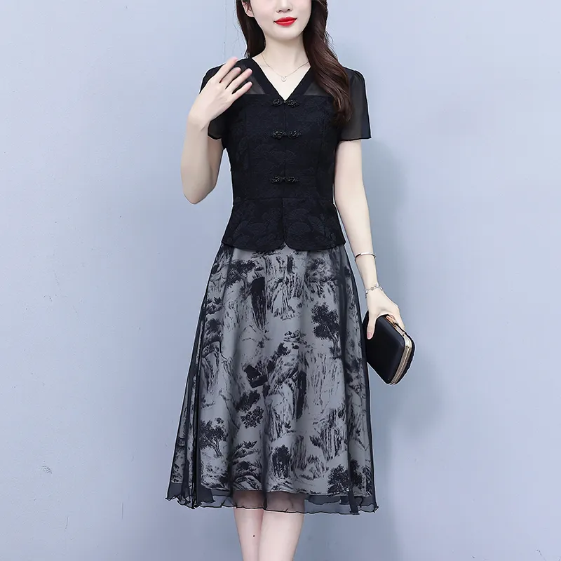 Flowers In Water Short Sleeved Dress Women's-3