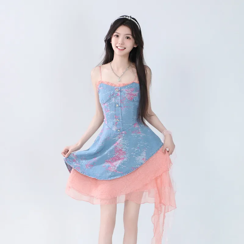Flowers In Water Slip Dress Women's Blue Pink-2