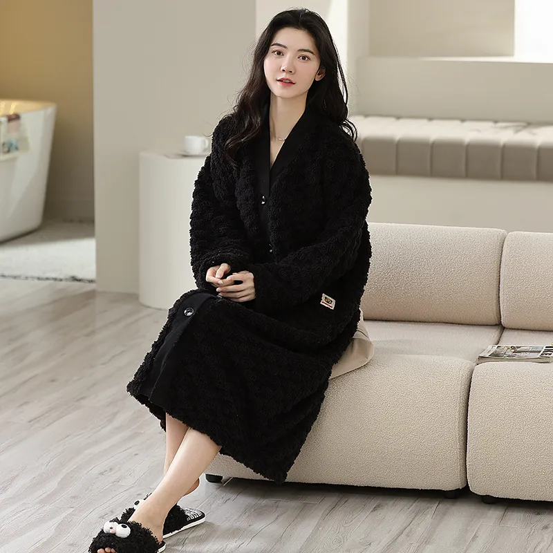 XIAFENYAN Pajama Robe Women's Black-4