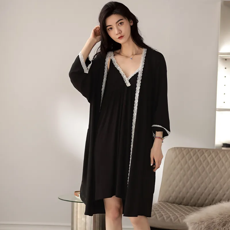 XIAFENYAN Nightgown Set Women's Black-4