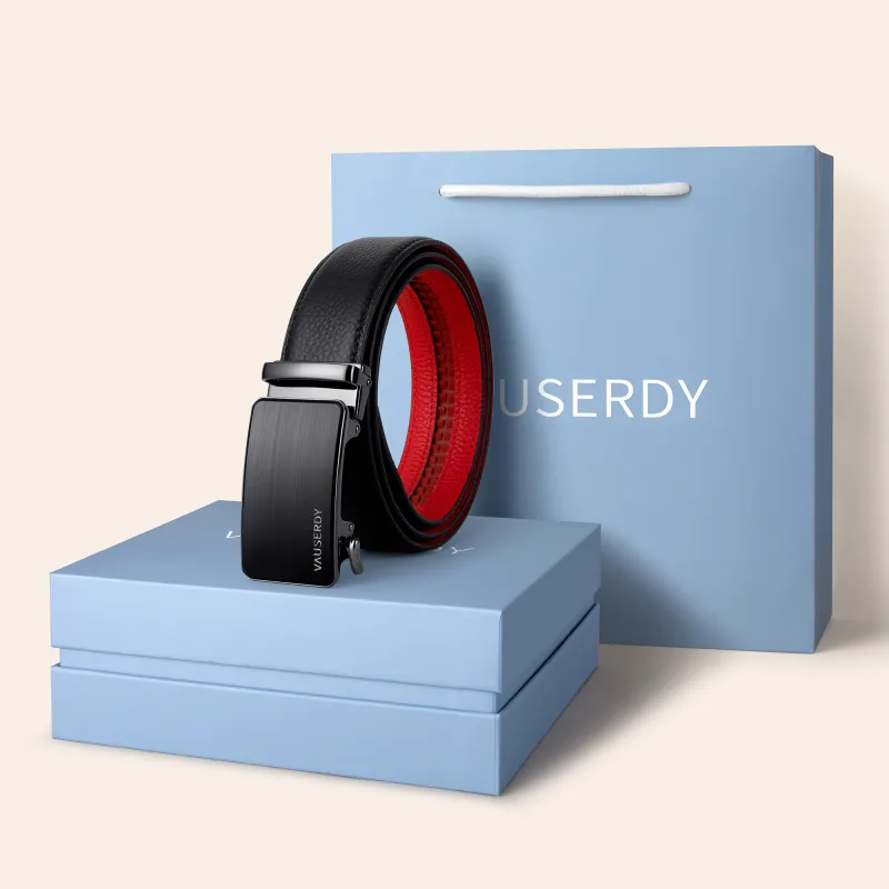 VAUSERDY Cow Leather Belts Men's Outer Black Inner Red Width 3.5cm-4