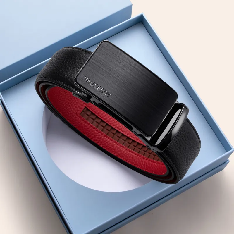VAUSERDY Cow Leather Belts Men's Outer Black Inner Red Width 3.5cm-3