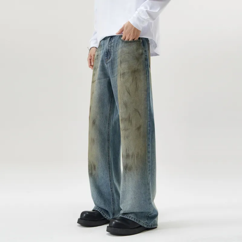 ZWWWZ Jeans Unisex Dirty Dyed Blue-4