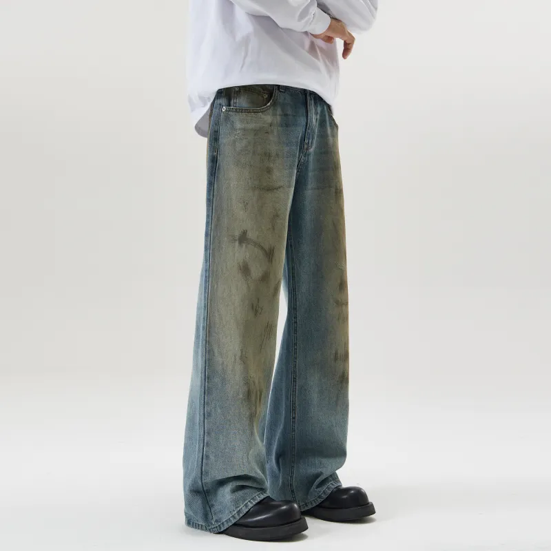 ZWWWZ Jeans Unisex Dirty Dyed Blue-3