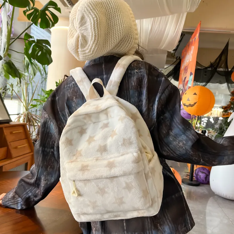 BUBM Plush Backpack Unisex Blue/Coffee/Gray-8