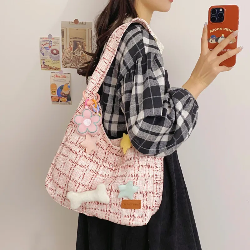 BUBM Fleece Shoulder Bag Unisex Green/Blue/Pink-16