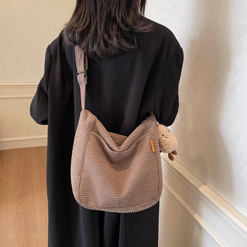 BUBM Corduroy Shoulder Bag Women's Black/White/Coffee-17