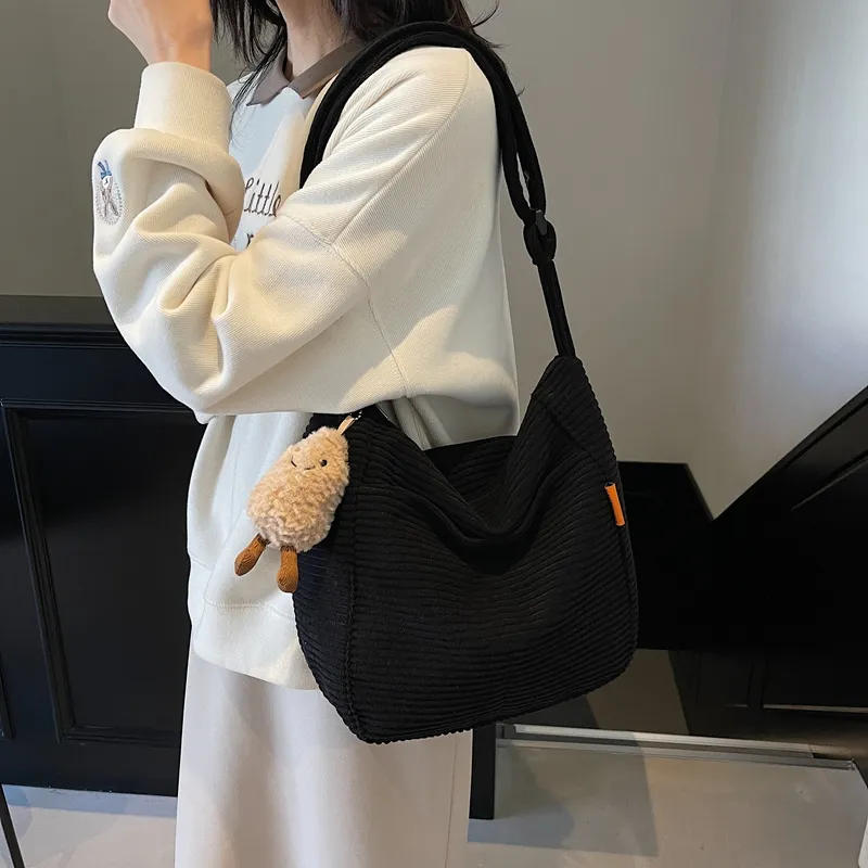 BUBM Corduroy Shoulder Bag Women's Black/White/Coffee-3