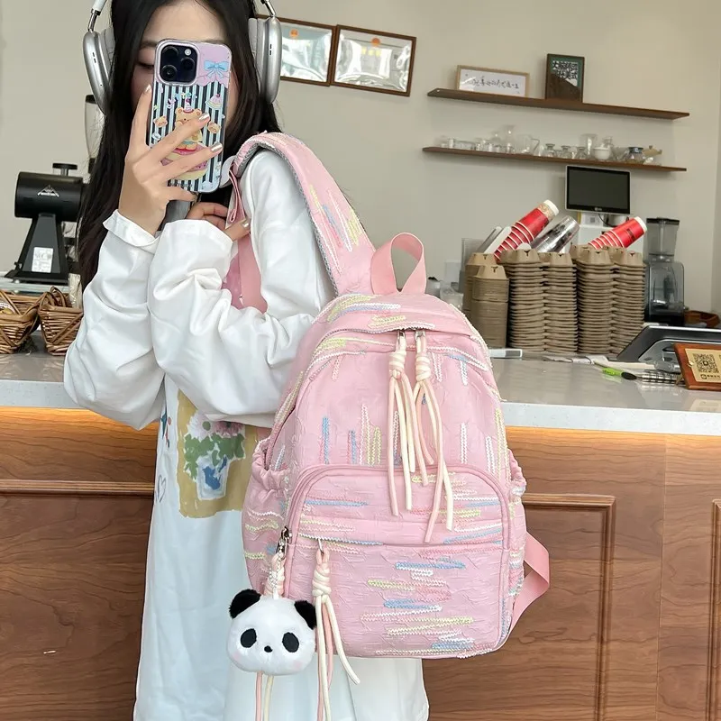 BUBM Composite Cloth Backpack Regular Unisex Black/White/Pink/Yellow-10
